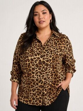 Alfred Sung Leopard Print Button Down Shirt XL Satin Feel Animal Print Top Brown